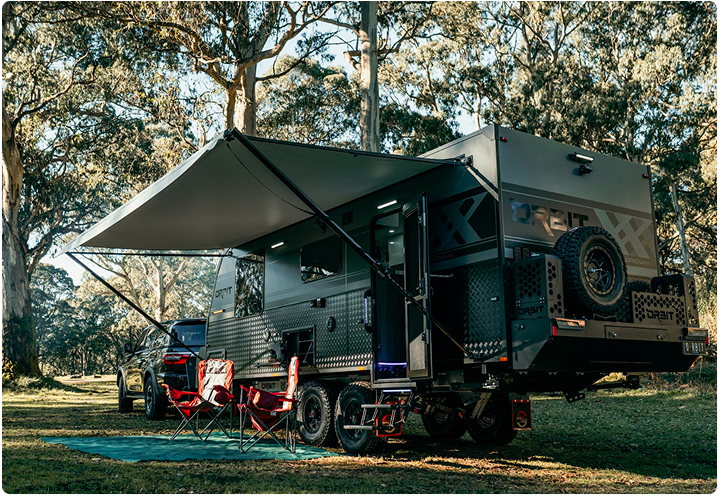 Orbit Caravan exterior on rocky mountain terrain